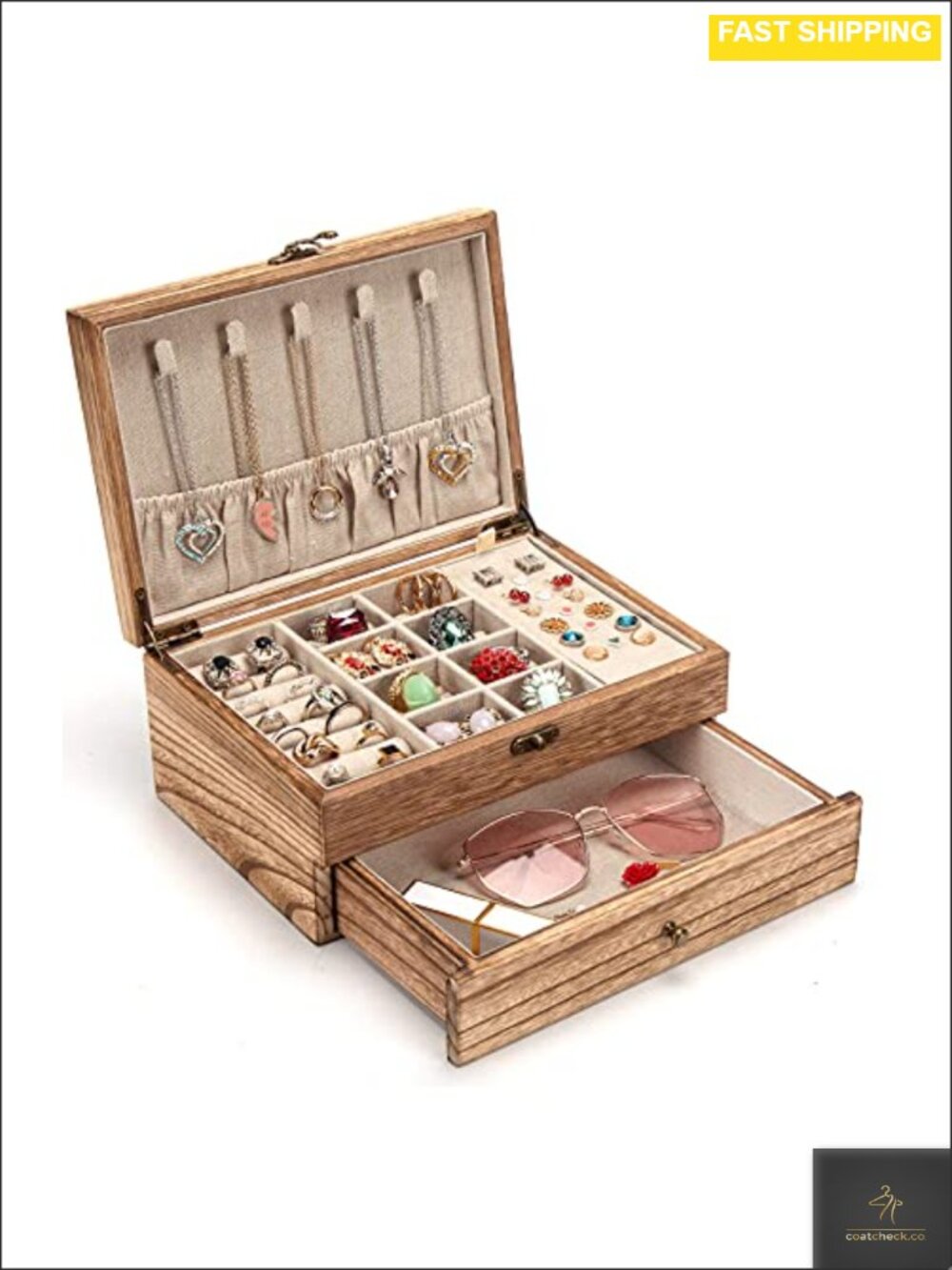 Rustic Wooden Jewelry Organizer Box Solid Wood Linen Lined Bronze Lock Gift